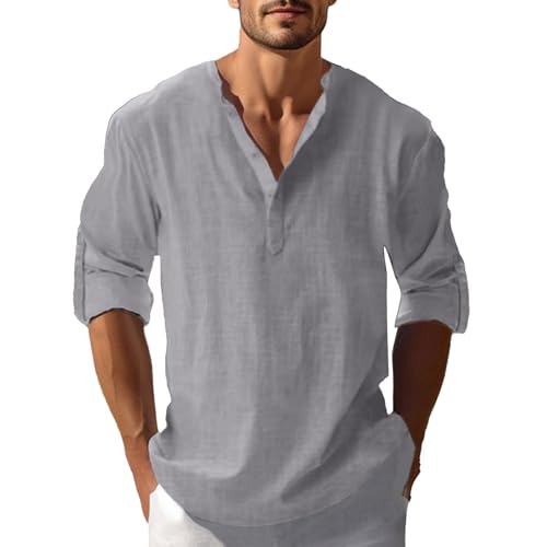 Sommerhemd Herren Einfarbig Baumwolle Leinen Hemd Vintage Button Down Henley Shirts Regular Fit Businesshemd Casual Leicht Bequeme Freizeithemd von LUNULE