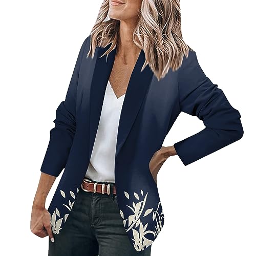 Sommerjacke Damen Leicht Blazer Blau Drucken Langarm Knöpfen Jacke Anzug Casual Open Front Jacket Arbeit Büro Jacken Sommer Schwarz(Navy,L) von LUNULE
