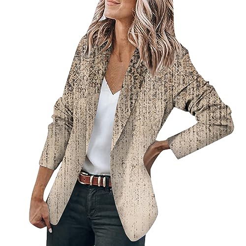 Sommerjacke Damen Leicht Blazer Weiss Drucken Langarm Knöpfen Jacke Anzug Casual Open Front Jacket Arbeit Büro Jacken Kostüm Elegant Schwarz(Khaki,M) von LUNULE