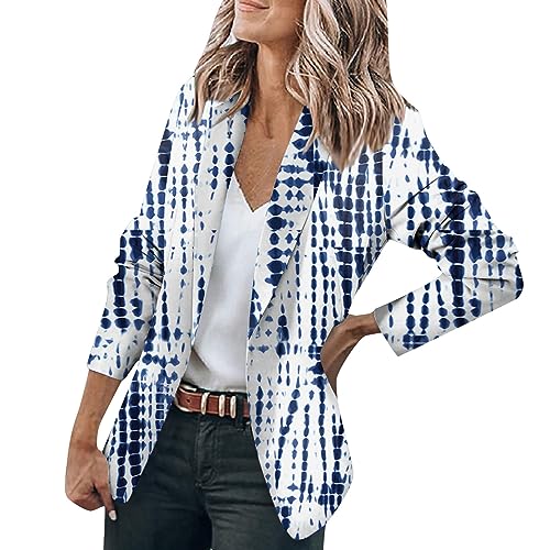 Sommerjacke Damen Leicht Mantel Drucken Langarm Knöpfen Jacke Anzug Casual Open Front Jacket Arbeit Büro Jacken Blazer Elegant Weißer(Dark Blue,L) von LUNULE