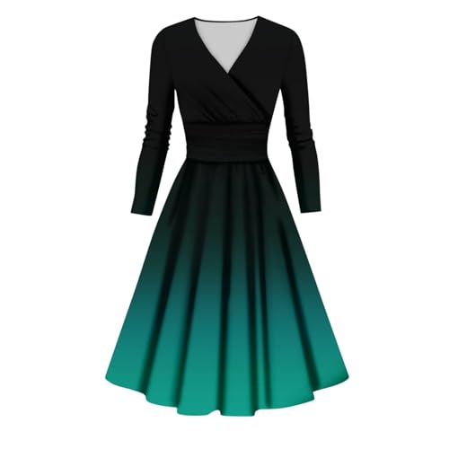 Sommerkleid Damen Gothic Kleid Damen Abendkleid Langarm Gradient Bedruckte V Ausschnitt Langarm Swing Midikleid Hohe Taille Sexy A-Linie Prinzessin Kostüm (Turquoise, XXL) von LUNULE