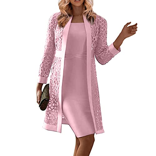 Sommerkleid Damen Knielang Kleid Damen Sommer Knielang Konfirmationskleider Kleid Zweiteiler Frauen 2 Pcs Einfarbig Brautjungfernkleider Square Neck ÄRmellos Knielang Kleid Mit Spitzen Langarm Jacke von LUNULE