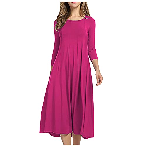 Sommerkleid Damen Leicht Tunika Kleid Italienische Kleider Elegant Festlich Einfarbig 3/4 Ärmel Rundhals Swing Midikleid Falten A-Linie Blusen Lässige Party von LUNULE