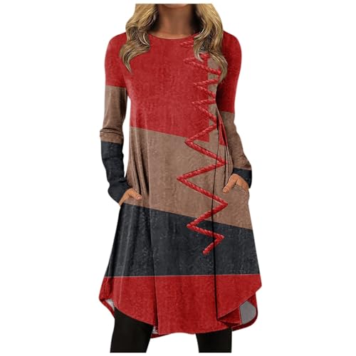 Strandkleid Damen Kleid Mit Hose Drunter Kleider Sommerlich Sportlich Einfarbig Rundhals Langarm Swing Pulloverkleid Tasche Casual Locker Blusen Große Größen von LUNULE