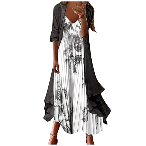 Strandkleid Damen Tunika Kleid Damen Rückenfreies Kleid Bh Bodycon Kleid Damen Vintage Blumendruck Chiffon Zweiteiler Kleider 3/4 Ärmel Rundhals 2 Teiler Midikleid Boho Kleid Weiß (Dark Gray, 3Xl) von LUNULE