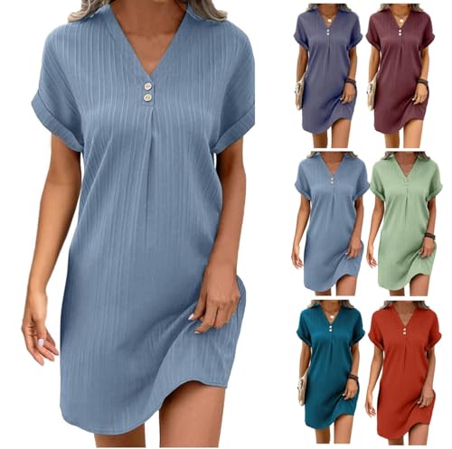 Strandkleid Damen V-Ausschnitt Kurzarm Blusenkleid Musselin Kleid Mit Knöpfen Boho A-Linie Kleider Leicht Luftig Freizeitkleid Sommer Knielang Shirtkleid von LUNULE
