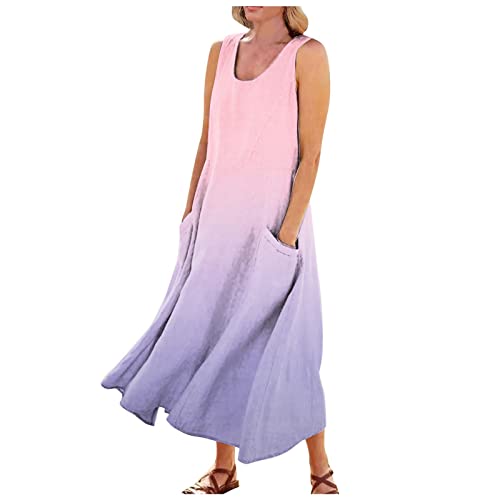 Strandtunika Damen2Er Jahre Kleid Ballkleider Damen Lang Gradient Druck Rundhals Ärmellos Leinenkleid Mit Tasche Frauen Elegant Volantkleider Sommer Blusenkleid Kurzarm von LUNULE