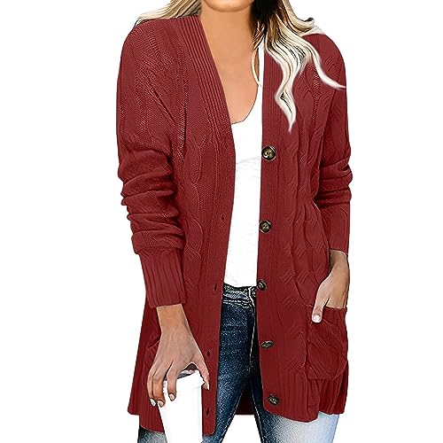 Strickjacke Damen Grobstrick Cardigan Einfarbig Zopfmuster Jacke Mit Taschen Und Knöpfen Casual Langarm Open Front Sommer Trachtenweste von LUNULE