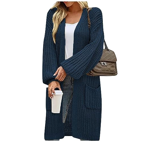 Strickjacke Damen Sommer Leicht Langarm Grobstrick Jacke Mit Taschen Einfarbig Lang Open Front Sweater Outwear Sweatjacke von LUNULE
