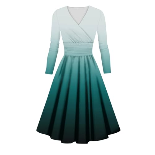 Sweatshirt Damen Hosenanzug Damen Festlich Elegant Mittelalter Kleid Damen Gradient Bedruckte V Ausschnitt Langarm Swing Midikleid Hohe Taille Sexy A-Linie Blusenrock (Turquoise, S) von LUNULE