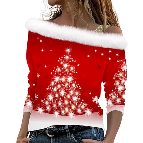 Sweatshirts Für Damen Weihnachts Langarmshirt Damen Ugly Christmas Sweater Damen Hemd Damen Weihnachten 3D Druck Plüsch Schulterfrei Langarm Pulli Shirt Mit Schulterriemen Xmas Pullover Weihnachten von LUNULE