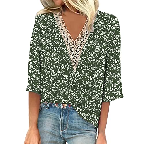 T-Shirt Damen Umstandsbluse Gym Tank Topblumendruck 3/4 Ärmel T Shirt Sommer Spitze Patchwork V-Ausschnitt T-Shirt Crop Tops Damen Langarm (Army Green, L) von LUNULE