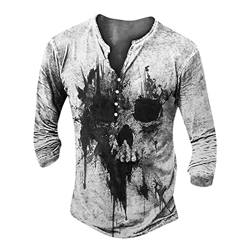 T Shirt Herren Freizeithemd Herren Langarm T Shirt Herren Retro Totenkopf Drucken Henley Shirt V-Ausschnitt Freizeithemd Gotisch Lustig 3D Druck Sweatshirt Mit Knöpfe Weiß XXL von LUNULE