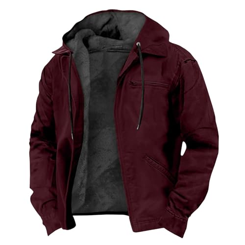 Teddyfleece Jacke Herren Herbstjacke Einfarbig Teddy Fleece Gefüttert Langarm Hoodie Mit Kapuze Herbst Winter Warm Zipper Y2K Hoody(Red,XL) von LUNULE