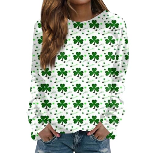 Teenager Mädchen Kleidung Langarmshirt Damen Eng Langarmshirt Damen Baumwolle Schwarzes Kleid Damen St Patricks Day Bedruckte Rundhals Langarm Basic T-Shirt Grünem Kleeblatt Muster Y2K Tops (White, M) von LUNULE