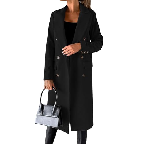 Trenchcoat Damen Wollmantel Lang Zweireihiger Elegante Langer Jacke Mantel Einfarbig Langarm Leichte Winterjacke Autumn(Schwarz,M) von LUNULE