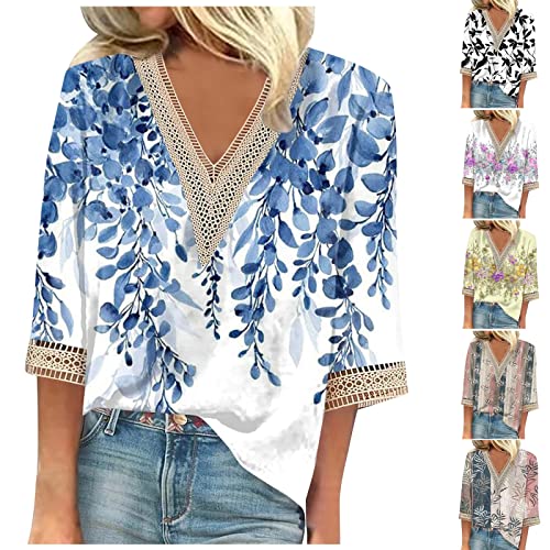 Tshirt Damen Oversize Tshirt Weiss Damen Crop Top Pulloverblumendruck 3/4 Ärmel T Shirt Sommer Spitze Patchwork V-Ausschnitt T-Shirt Netzshirt Damen (Blue, 3XL) von LUNULE