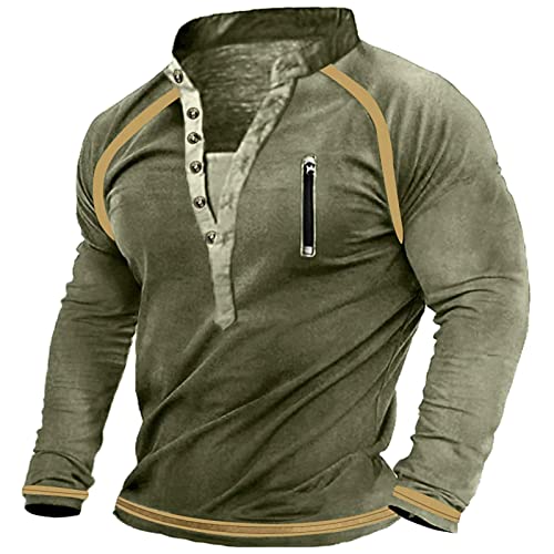Weihnachtshemd Herren Beheizbarer Pullover Vintage V-Ausschnitt Henley Shirt Einfarbig Distressed Sweatshirt mit Knopfleiste, Tasche Casual Pullover Herren Tactical Tops Armeegrün 3XL von LUNULE