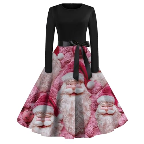Weihnachtskleid Damen Weihnachten Druck Rundhals Langarm Kleid Christmas Slim Fit Swing Partykleid Blusenkleid Abendkleider Elegant(Pink,XXL) von LUNULE