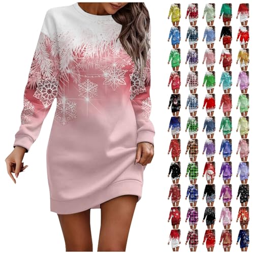 Weihnachtspulli Damen Abendkleider Elegant Für Hochzeit Weihnachten Druck Rundhals Pullover Kleid Casual Wickelkleid Freizeitkleid Herbst Kleider(Pink,L) von LUNULE