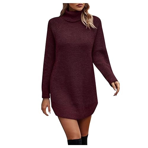 Weihnachtspullover Christmas Sweater Cashmere Pullover Damen Frauen Einfarbig Rollkragen Langarm Strick Minikleid Herbst Winter Lang Gestrickte Kleid Sweatkleid Hochzeitsgast von LUNULE