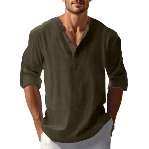 Weißes Hemd Herren Einfarbig Baumwolle Leinen Vintage Button Down Henley Shirts Regular Fit Businesshemd Casual Leicht Sommerhemd Bequeme Freizeithemd von LUNULE
