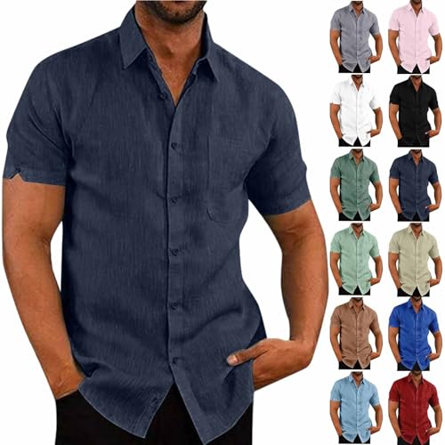 Weisses Hemd Männer Einfarbige Baumwolle Leinen Hemden Button Down Freizeithemden Regular Fit Businesshemd Sommer Hawaiihemd Casual Leichtes Kurzarmhemd (Navy,XL) von LUNULE