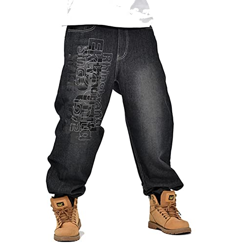 LUOBANIU Herren Vintage Hip Hop Style Baggy Jeans Denim Loose Fit Dance Skateboard Hose - Schwarz - 52 von LUOBANIU