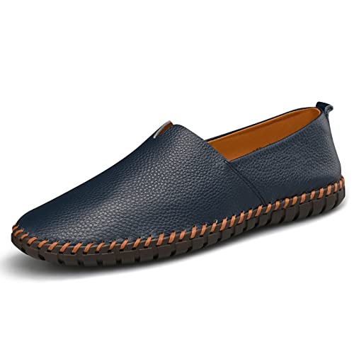 LUODENGLANG Herren Echtleder Loafer Schuhe Slip On Weich Atmungsaktiv Handgefertigte Nähte Mode Freizeitschuhe Leicht Fahren Kleid Schuh, Blau, 43 EU von LUODENGLANG