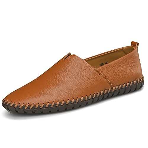 LUODENGLANG Herren Echtleder Loafer Schuhe Slip On Weich Atmungsaktiv Handgefertigte Nähte Mode Freizeitschuhe Leicht Fahren Kleid Schuh, Braun, 40 EU von LUODENGLANG