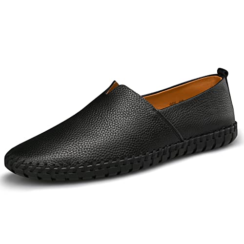 LUODENGLANG Herren Echtleder Loafer Schuhe Slip On Weich Atmungsaktiv Handgefertigte Nähte Mode Freizeitschuhe Leicht Fahren Kleid Schuh, Schwarz, 47 EU von LUODENGLANG