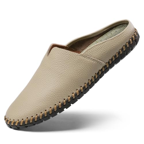 LUODENGLANG Herren Slip-On Loafers Pantoletten Clog Handgefertigte Lederhausschuhe Handgenäht Kein Absatz Freizeitschuhe für Männer Atmungsaktiv Bequem Weich, Beige, 44.5 EU von LUODENGLANG