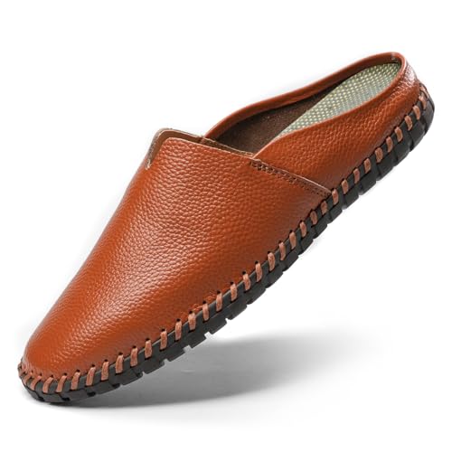 LUODENGLANG Herren Slip-On Loafers Pantoletten Clog Handgefertigte Lederhausschuhe Handgenäht Kein Absatz Freizeitschuhe für Männer Atmungsaktiv Bequem Weich, Rot/Ausflug, einfarbig (Getaway Solids von LUODENGLANG