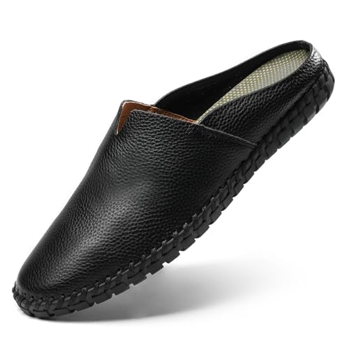 LUODENGLANG Herren Slip-On Loafers Pantoletten Clog Handgefertigte Lederhausschuhe Handgenäht Kein Absatz Freizeitschuhe für Männer Atmungsaktiv Bequem Weich, Schwarz, 46 EU von LUODENGLANG