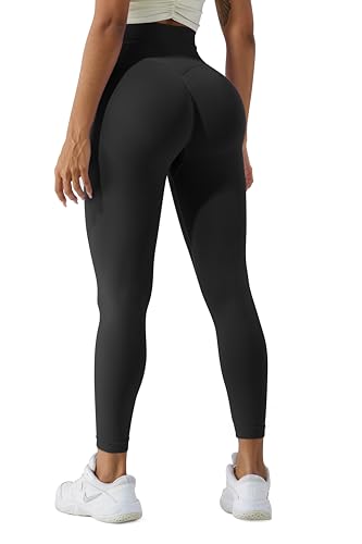 LUODUODUO Sport Gym Leggings Damen - High Waist Scrunch Butt Push Up Boom Booty Seamless Sporthose Laufhose Fitnesshose Tights (01 Schwarz)- M von LUODUODUO