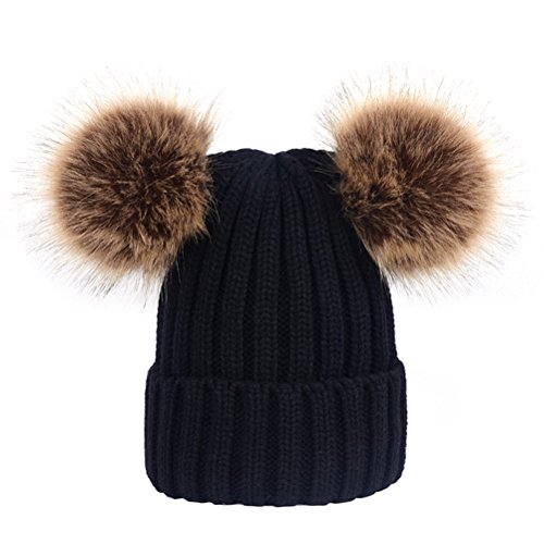 LUOEM Damen Strickmützen mit Zwei Bommel Bommelmütze Pudelmütze Winter Hüte für Frauen Mädchen (Schwarz) von LUOEM