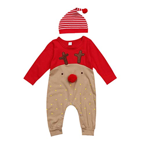 LUOEM Neugeborenes Baby Jungen Mädchen Weihnachten Langarm Nette Rote Nase Cartoon Rentier Pyjama Overall Streifen Hut Body Set Geeignet für 0-6 Monate (70 cm) von LUOEM