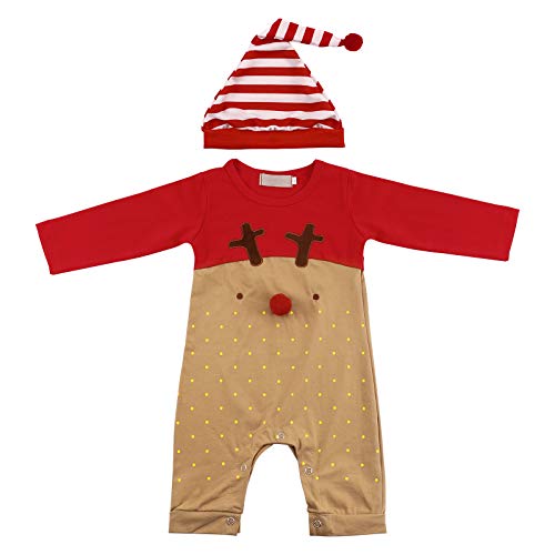 LUOEM Neugeborenes Baby Jungen Mädchen Weihnachten Langarm Nette Rote Nase Cartoon Rentier Pyjama Overall Streifen Hut Body Set Geeignet für 6-12 Monate (80cm Höhe) von LUOEM