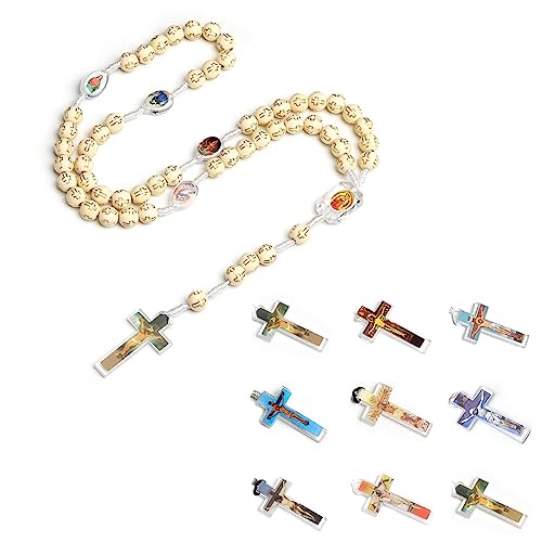 LUOFENG Anhänger-Halskette, Kreuz-Anhänger-Halskette, katholisches Kreuz, Rosenkranz-Halskette, religiöser Schmuck, handgefertigte Kruzifix-Kunststoff-Perlen-Halskette von LUOFENG