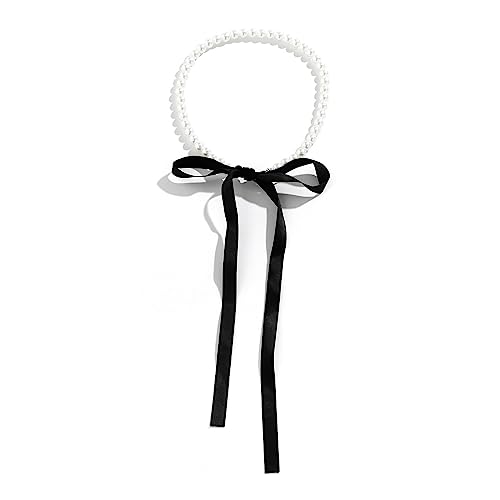 LUOFENG Goth Black Velvets Simulierte Perlen-Choker-Halskette für Frauen, elegante Kombination mit Schleife, verstellbarer Kettenschmuck von LUOFENG