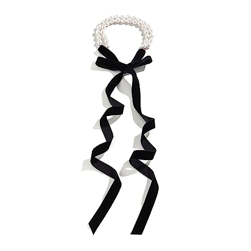 LUOFENG Goth Black Velvets Simulierte Perlen-Choker-Halskette für Frauen, elegante Kombination mit Schleife, verstellbarer Kettenschmuck von LUOFENG