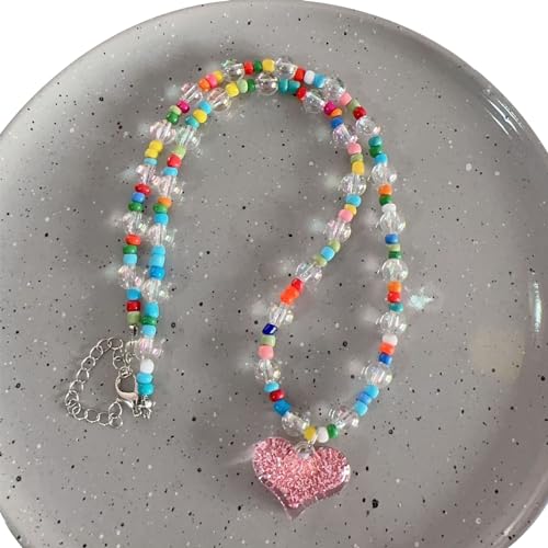 LUOFENG Herz-Anhänger-Halskette,mehrfarbige Perlen-Choker,verstellbare Kette,Halsketten,böhmischer Schmuck,Ornament für Frauen und Mädchen von LUOFENG