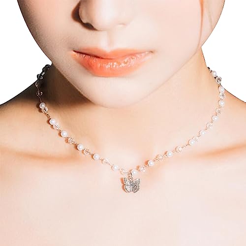 LUOFENG Modische Halskette, Perlenkristall-Schmetterlings-Halskette, Armbänder, modische, elegante Perlenkette, Kragen-Halskette, einzigartiger Schmuck für Frauen und Mädchen von LUOFENG