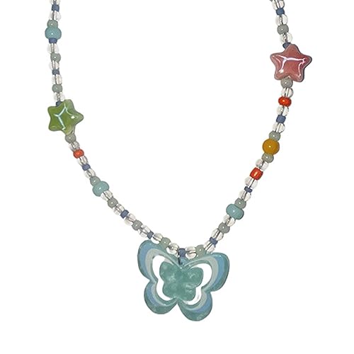 LUOFENG Modische Halskette, bunte Perlen-Anhänger-Halskette für Damen, einzigartige Kirsch-Schmetterlings-Orchideen-Blumen-Anhänger-Halskette, Schlüsselbein-Kette, Schmuck von LUOFENG