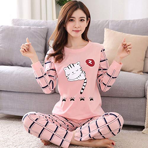 Damen Pyjama Set,Damen Warm Weich Elegant Elegant Charmant Nighties Rosa Katze Langes Plaid Ärmel Tops Hosen Coral Cosy Nightwear Homewear, XXL von LUOY