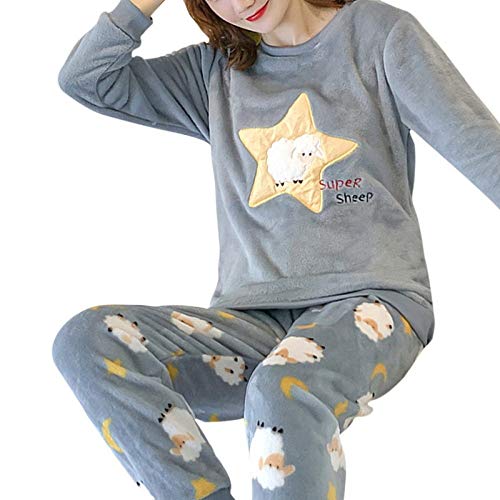 LUOY Damen Pyjama Set,Winter Damen Weich Thermal Nachtwäsche Schöne Cartoon Stern Schaf Grau Langarm Rundhals Tops Hosen Casual Loungewear, L. von LUOY