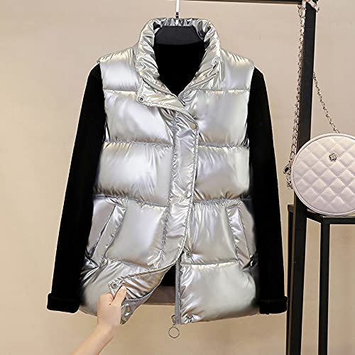 LIUYUYOUGO Puffer Weste Damen,Damen Steppweste Casual Sport Paare Kurz Verdicken Silber Glänzend Stehkragen Reißverschluss Winter Winddicht Bodywarmer Weste Gepolsterte Ärmellose Jacke Mantel Wes von LIUYUYOUGO