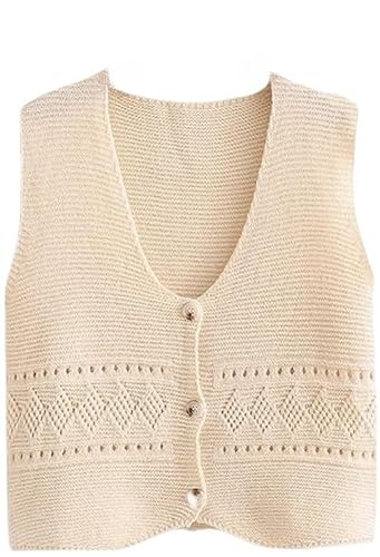 LIUYUYOUGO Pullunder Für Damen,Damen Strickwesten Vintage Distressed Häkeln Raute Hohl V-Ausschnitt Kurz Herbst Winter Lose Ärmellose Knöpfe Strickjacke Pullover Tank Top Cami Weste Bluse,Beige von LIUYUYOUGO