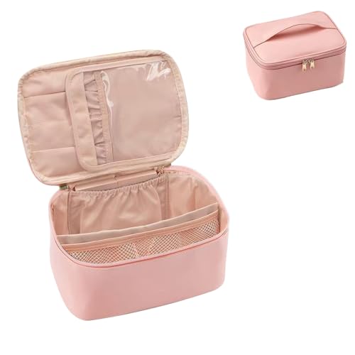 LUPATDY Kosmetiktasche Damen,Make up Tasche Portable,Kosmetiktasche Groß, PU-Leder Wasserdicht Kosmetik Tasche mit Fächern,Cosmetic Organizer Kulturtasche mit Reißverschluss(Rosa) von LUPATDY