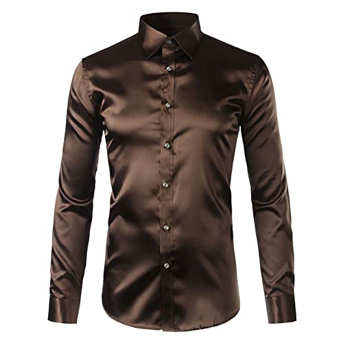 NP Seiden-Satin-Hemd für Herren, Chemise, Homme, lässige Ärmel, passend für Herren, Kleider, Hemden, Business, Hochzeit, männlich, coffee, M von LUPE